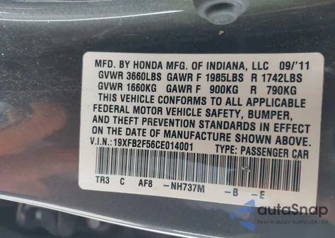 2012 Honda Civic Lx from USA, damaged, VIN 19XFB2F56CE014001